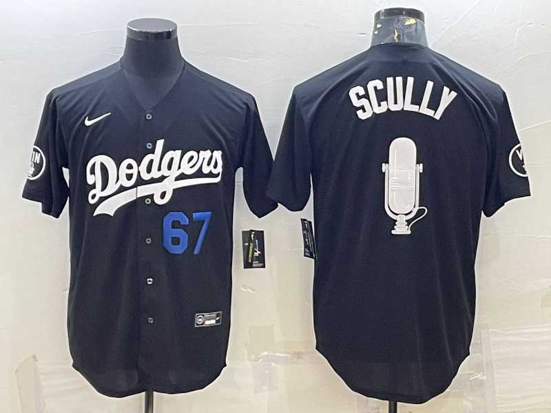 Mens Los Angeles Dodgers #67 Vin Scully Black Blue Big Logo With Vin Scully Patch Stitched Jersey->los angeles dodgers->MLB Jersey